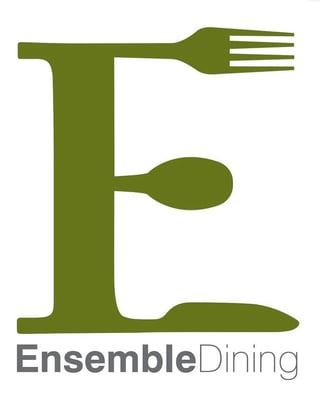 Ensemble Dining logo featuring a stylized letter E formed by a fork, spoon, and knife in olive green